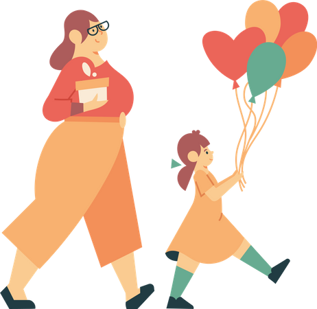 Mom and daughter go to children's party  Illustration