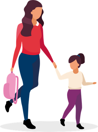 Mom and daughter going to school Illustration