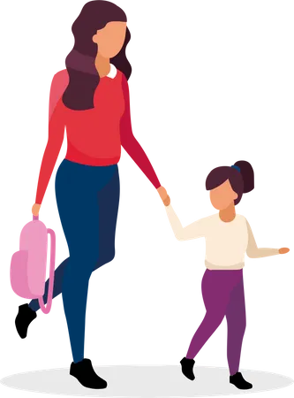 Mom And Daughter Going To School Semi Flat Color Vector Characters Full Body People On White First Day At Primary School Isolated Modern Cartoon Style Illustration For Graphic Design And Animation Illustration