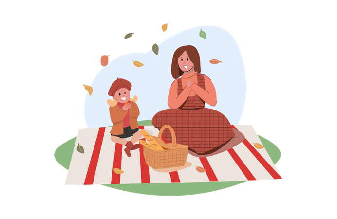 Mom And Daughter Picnic At Garden  Illustration