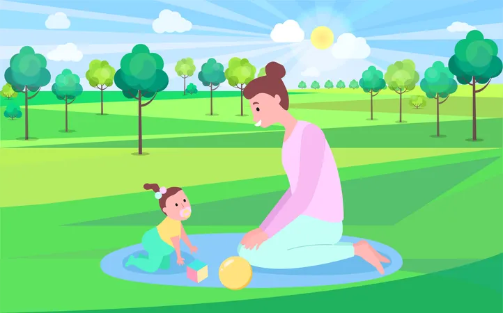 Woman Playing With Baby On Mat Outdoor Mother And Daughter Sitting On Grass Near Trees Funny Time Sunny Weather Green Nature And Summertime Vector Illustration