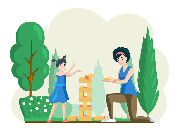 Mom and daughter playing jenga together in garden Illustration