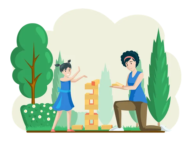 Mom and daughter playing jenga together in garden Illustration