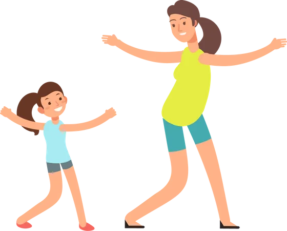 Mom and girl kid dancing together  Illustration