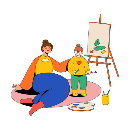 Mom And Her Daughter Are Painting A Picture  イラスト