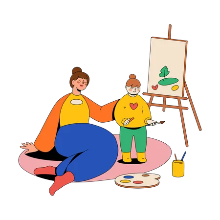 Mom And Her Daughter Are Painting A Picture  Illustration