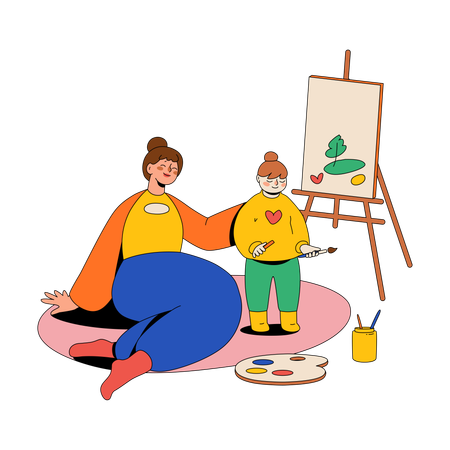 Mom And Her Daughter Are Painting A Picture  Illustration