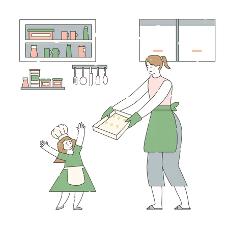 Mom and Kids Baking Together  Illustration