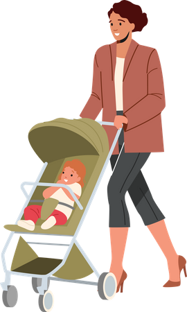 Mom and Little Baby in Stroller Walk Together Illustration