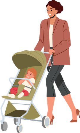 Mom and Little Baby in Stroller Walk Together  Illustration