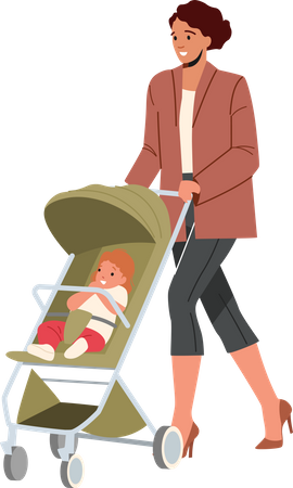 Mom and Little Baby in Stroller Walk Together  Illustration
