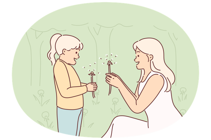 Mom and little daughter are holding dandelions rejoicing at onset of spring and good hot weather  Illustration