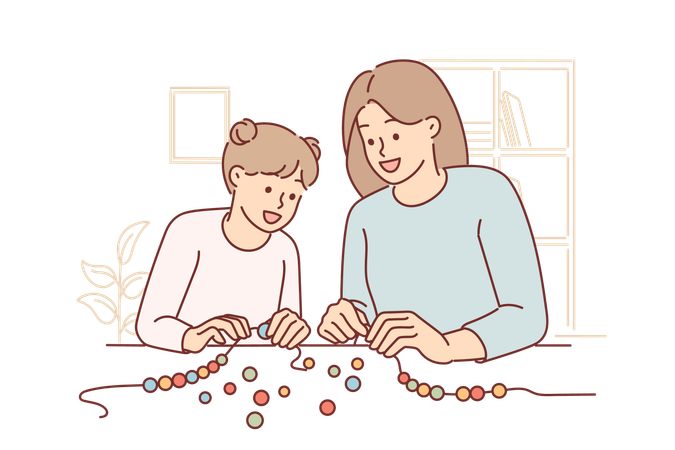 Mom and little daughter together make DIY bead bracelet  Illustration
