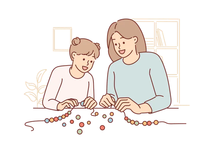 Mom And Daughter Together Make DIY Bead Bracelet To Realize Childs Creativity Woman Teaches Little Girl How To Create DIY Jewelry To Create Fashionable Look Or Sell Handmade Beads Illustration