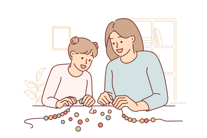 Mom and little daughter together make DIY bead bracelet  일러스트레이션