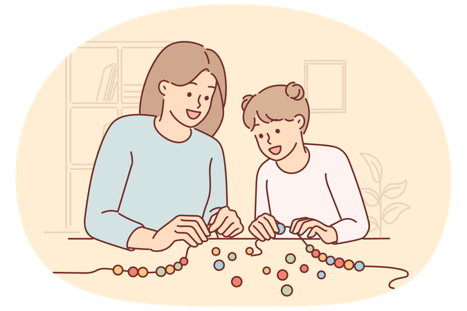 Mom and little daughter together make DIY bead bracelet to realize childs creativity  Illustration