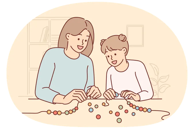 Mom and little daughter together make DIY bead bracelet to realize childs creativity  Illustration