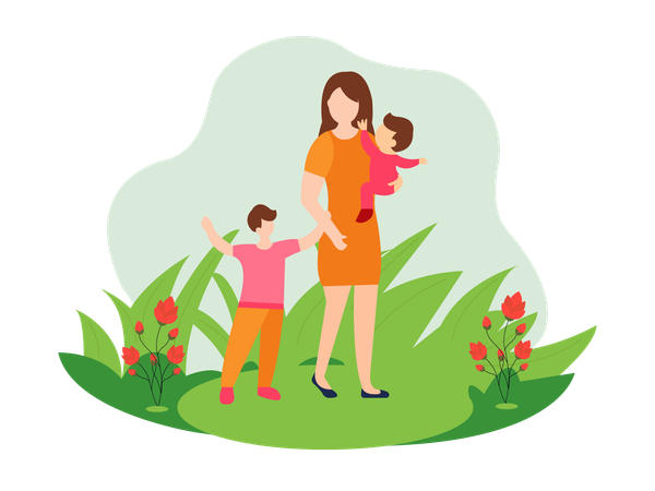 Mom and little girl hangout in garden  Illustration