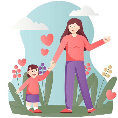 Mom and little girl hangout in garden  Illustration