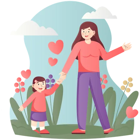 Mom and little girl hangout in garden  Illustration