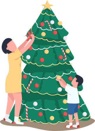 Mom and son decorating Xmas tree Illustration