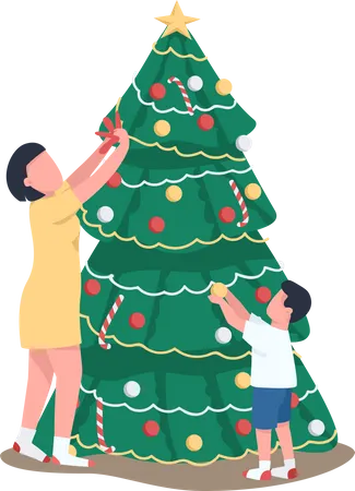 Mom And Son Decorating Xmas Tree Semi Flat Color Vector Characters Family Figures Full Body Person On White Winter Isolated Modern Cartoon Style Illustration For Graphic Design And Animation Illustration