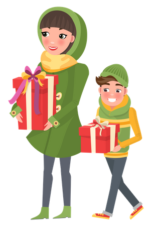 Mom and son doing christmas shopping  Illustration