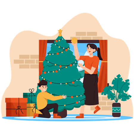 Mom and Son Making Christmas Tree  Illustration