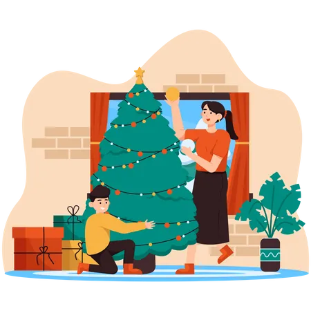 Mom and Son Making Christmas Tree  Illustration