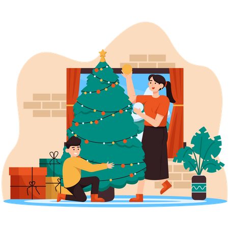 Mom and Son Making Christmas Tree  Illustration