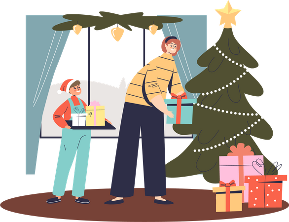 Mom and son putting xmas gift boxes for Christmas Illustration