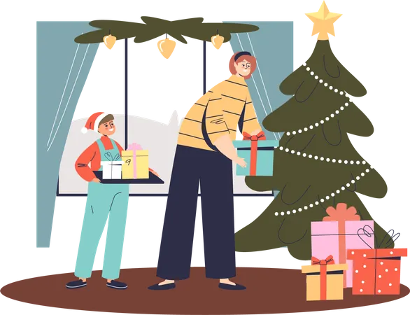 Mom and son putting xmas gift boxes for Christmas Illustration