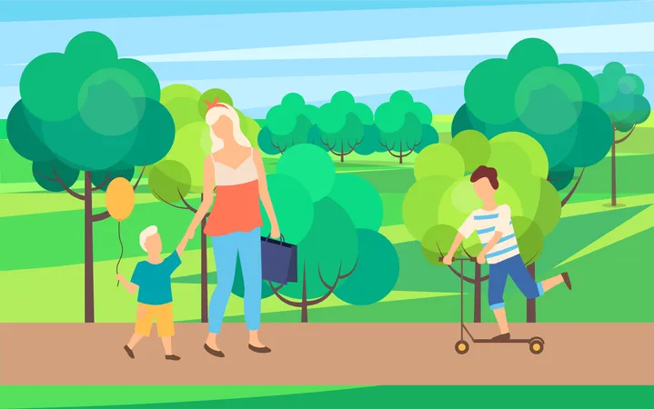 Mom And Son Walking Together In Green Park With Trees And Bushes Vector Boy Riding On Scooter Outdoors Summer Walks And Sport Activities Outside Illustration