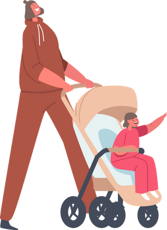 Mom and Toddler in Pram Illustration