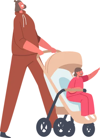 Mom And Toddler In Pram On Walk Baby Sitting In Carriage Mother Walking With Kid In Stroller Family Characters Promenade Isolated On White Background Cartoon People Vector Illustration 일러스트레이션