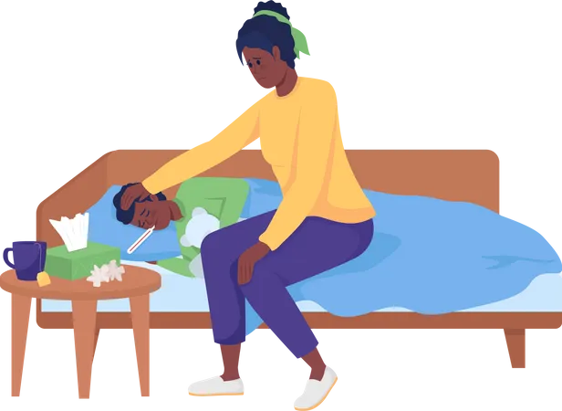 Mom caring for sick kid  Illustration