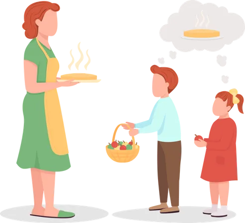 Mom cooked pie for kids  Illustration
