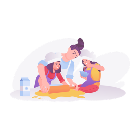 Mom cooking with daughters  Illustration