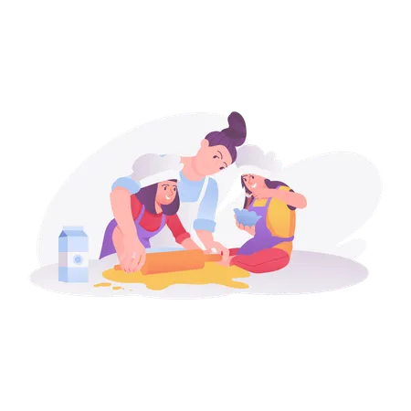 Mom cooking with daughters  Illustration