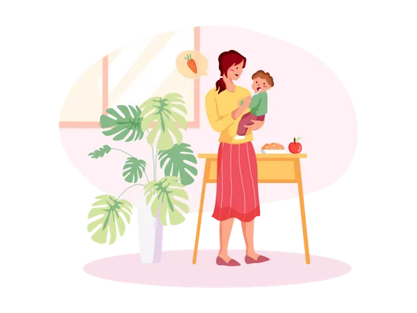 Mom feeding baby boy Illustration