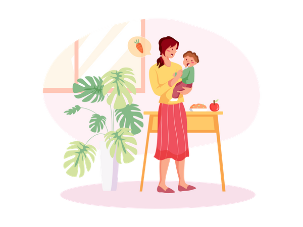 Mom feeding baby boy  Illustration