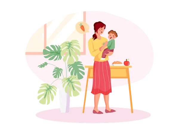 Mom feeding baby boy  Illustration