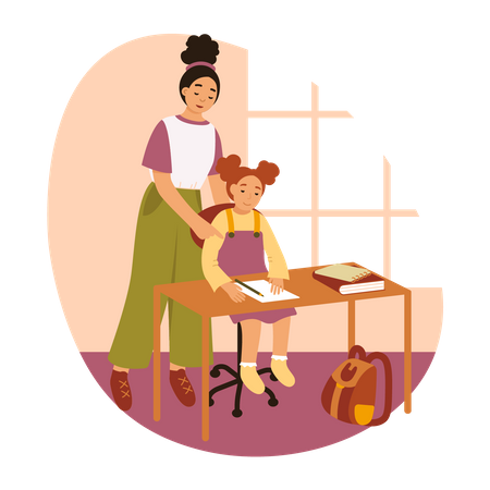 Mom helping daughter with homework  Illustration