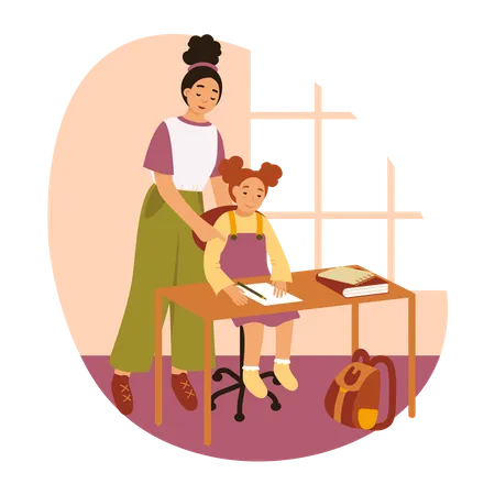 Mom helping daughter with homework  Illustration