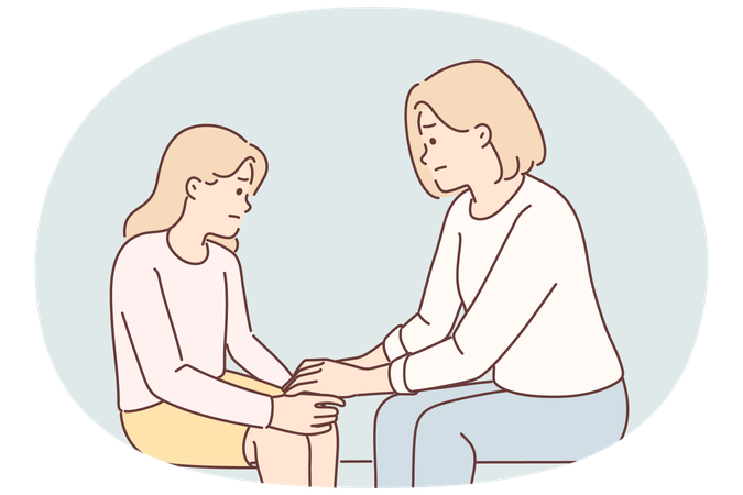 喧嘩の後で、母親が悲しんでいる十代の娘の手を握り、ストレスを解消して慰める  イラスト