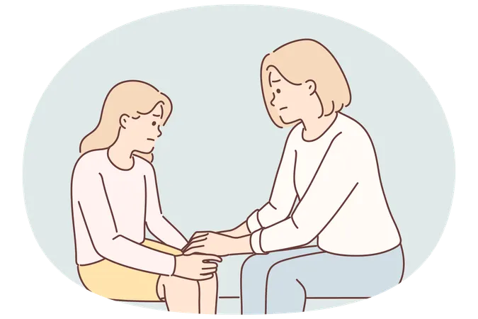 Mom holds hand of sad teenager daughter helps to get rid stress and consoles after quarrel  Illustration