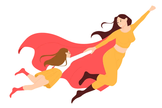 Mom Superhero And Motherhood Vector Illustration Cartoon Young Mother In Costume Of Super Strong Hero And Red Cape Flying In Sky With Baby Girl Together Powerful Supermom Character With Daughter Illustration