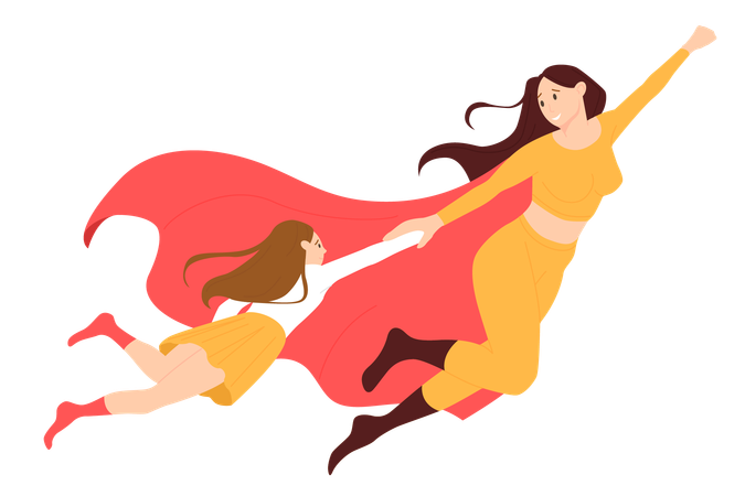 Mom in hero costume and red cape flying with baby girl  Illustration