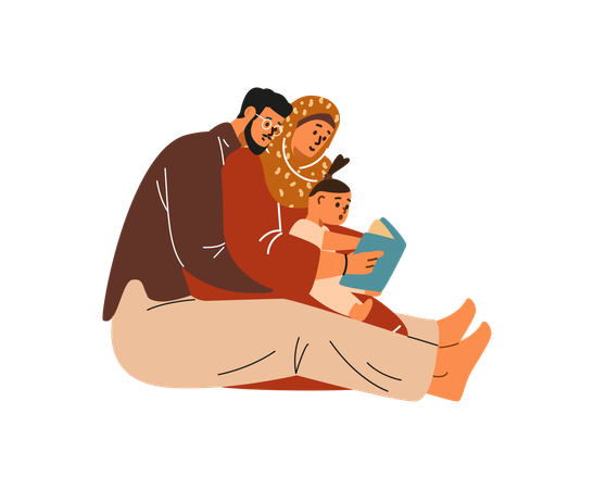 Mom in hijab dad and child who are sitting hugging  Illustration