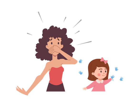 Mom looks with surprise at child stained with paint  Illustration